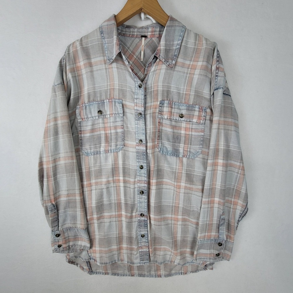 Free People Womens Plaid Button Up Shirt Gray Red Oversized Small